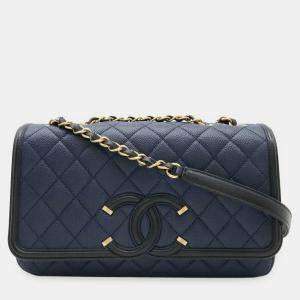 Pre Owned Chanel Cc Filigree Coco Mark Flap Bag With Chain Shoulder In Navy Caviar Leather
