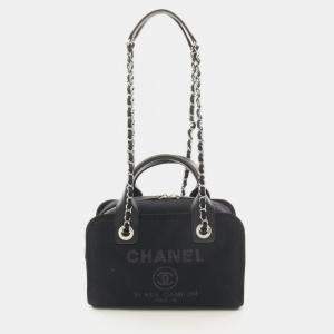Pre Owned Chanel Deauville Bowling Bag Shoulder Canvas Leather Black