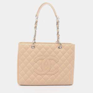 مملوكة مسبقًا Chanel Matelasse Grand Shopping Gst Tote Bag In Beige Calfskin Leather