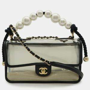 Pre Owned Chanel Coco Mark Chain Shoulder Bag Handbag In Vinyl Faux Pearl Sand Lambskin Clear Black