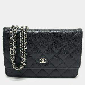 Pre Owned Chanel Matelasse Coco Mark Classic Chain Wallet Crossbody Bag Shoulder Caviar Skin Black