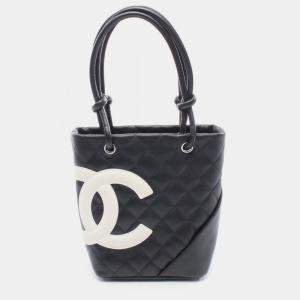Pre Owned Chanel Cambon Line Small Tote Bag Leather Black And White