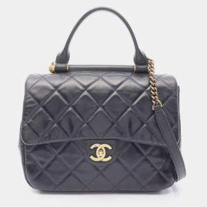مملوكة مسبقًا Chanel Matelasse Top Handle Shoulder Bag In Lambskin Leather Navy Blue