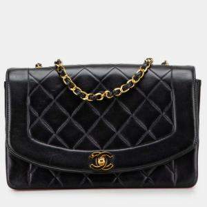 Pre Owned Chanel Matelasse Diana 25 Chain Shoulder Bag In Black Lambskin