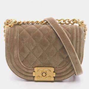 Pre Owned Chanel Boy Chanel Mini Matelasse Shoulder Bag Fabric Khaki