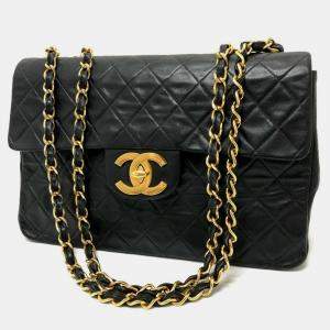 Pre Owned Chanel Double Chain Deca Matelasse 34 2-Way Bag Shoulder Leather Black