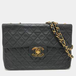 Pre Owned Chanel A01094 Matelasse Coco Mark Deka 34 Double Chain Shoulder Bag In Lambskin Black