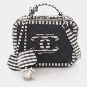 Pre Owned Chanel Cc Filigree Small Vanity Bag Shoulder Leather Grained Calfskin Black White
