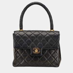 Pre Owned Chanel Matelasse Coco Mark Handbag With Top Handles Black Lambskin