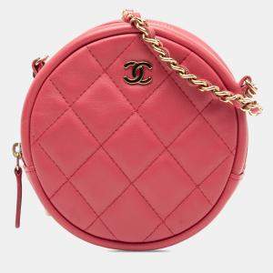 Pre Owned Chanel Pink CC Quilted Lambskin Round Clutch With Chain