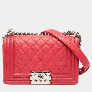 Pre Owned Chanel Red Small Quilted Caviar Boy Flap