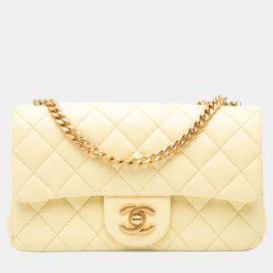 Pre Owned Chanel Yellow Mini Rectangular Classic Lambskin Sweet Camellia Flap