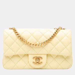 Pre Owned Chanel Yellow Mini Rectangular Classic Lambskin Sweet Camellia Flap