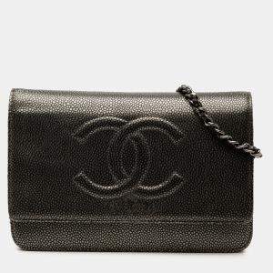 مملوكة مسبقًا Chanel Black CC Metallic Caviar Wallet on Chain
