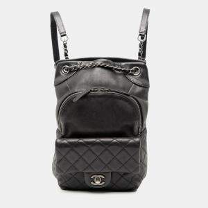 Pre Owned Chanel Black Small CC Calfskin Drawstring Flap Backpack