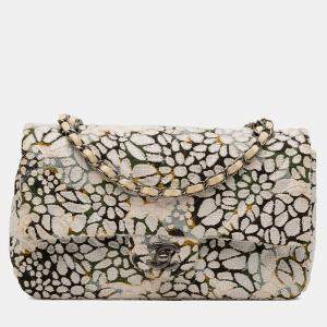 Pre Owned Chanel White Medium Classic Chevron Tweed Floral Double Flap