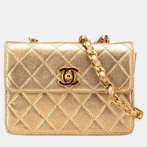 Pre Owned Chanel Mini Matelasse Coco Mark Chain Shoulder Bag In Gold Lambskin