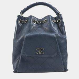 مملوكة مسبقًا Chanel Matelasse Cc Coco Mark Chain 3-Way Drawstring Handbag Bag Shoulder Leather Blue