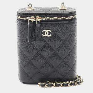 Pre Owned Chanel Matelasse Vanity Bag Shoulder Calfskin Leather Black