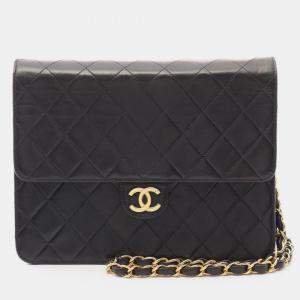 Pre Owned Chanel Matelasse Single Flap Shoulder Bag In Lambskin Leather Black