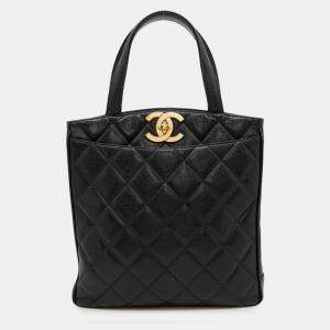 Pre Owned Chanel Matelasse Coco Mark Caviar Skin Tote Bag Deka Handbag Black