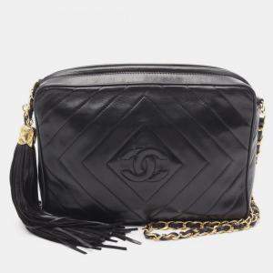 Pre Owned Chanel Coco Mark Diamond Quilted Shoulder Bag Lambskin Leather Black