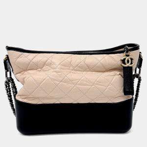Pre Owned Chanel Beige Black Leather Gabrielle Hobo Bag Medium