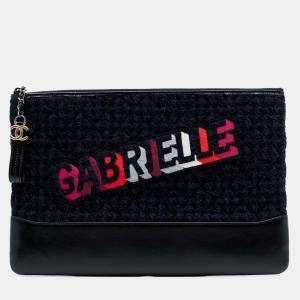 Pre Owned Chanel Black Blue Large Tweed and Calfskin Embroidered Gabrielle O Case Clutch