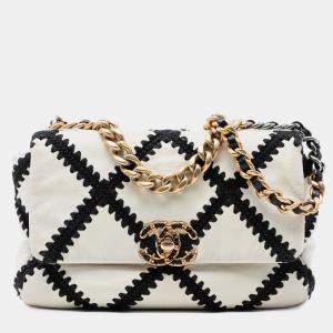Pre Owned Chanel Black White Medium Crochet Calfskin 19 Flap