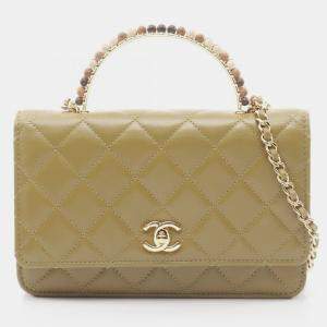 مملوكة مسبقًا Chanel CC Strass on Top Khaki Leather Wallet on Chain
