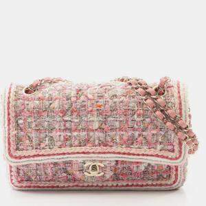 مملوكة مسبقًا Chanel Rectangular Classic Double Flap Pink Tweed Braid Shoulder Bag