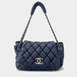 Pre Owned Chanel Bubble Quilt Chain shoulder Bag Navy Lambskin