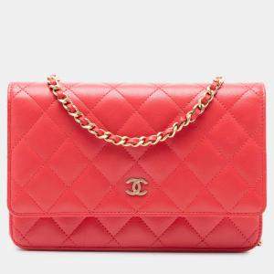 Pre Owned Chanel Red CC Quilted Lambskin Wallet on Chain