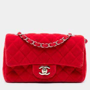 Pre Owned Chanel Red Mini Rectangular Classic Velvet Single Flap