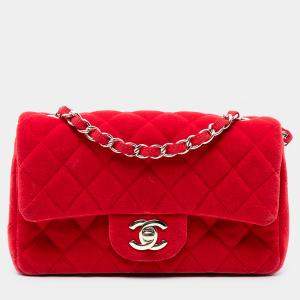 Pre Owned Chanel Red Mini Rectangular Classic Velvet Single Flap