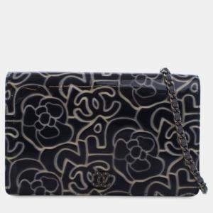 Pre Owned Chanel Blue CC Embossed Patent Camellia Wallet On Chain