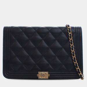 Pre Owned Chanel Black Quilted Caviar Boy Wallet on Chain