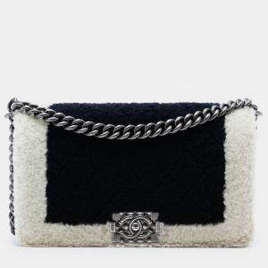 Pre Owned Chanel Black Old Medium Bicolor Shearling Boy Flap