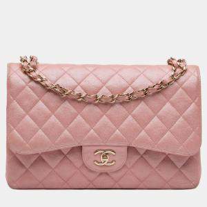 Pre Owned Chanel Pink Jumbo Classic Iridescent Caviar Double Flap