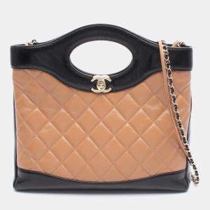 Pre Owned Chanel 31 Pink Black Shiny Crumpled Calfskin Quilted Shopping Bag 