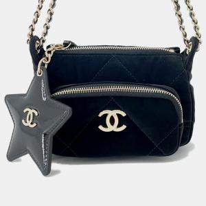 Pre Owned Chanel Coco Neige Chain Clutch Black Velvet Effect Nylon Shiny Crumple Calf Leather