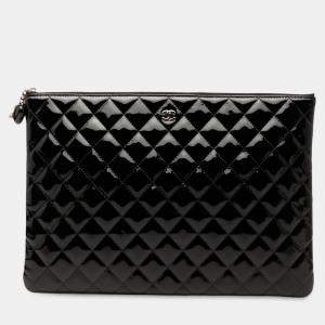 Pre Owned Chanel Black Large Quilted Patent O Case Clutch