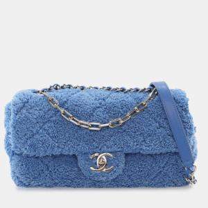 Pre Owned Chanel Blue Medium Quilted Terry Cloth Coco Beach Flap