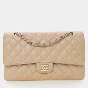 Pre Owned Chanel Medium Iridescent Beige Caviar Classic Double Flap Bag