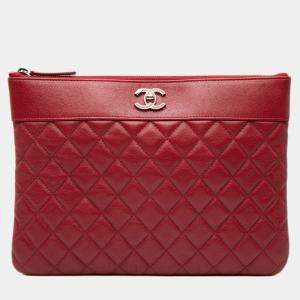 Pre Owned Chanel Red Medium Quilted Sheepskin Mademoiselle O Case Clutch