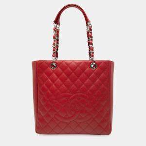 Pre Owned Chanel Red Caviar Vertical Grand Shopping Tote