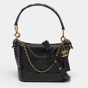 Pre Owned Chanel Gabrielle Small Black Croc Embossed Leather Bucket Bag