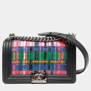 Pre Owned Chanel Black Old Medium Lambskin and Woven PVC Boy Flap