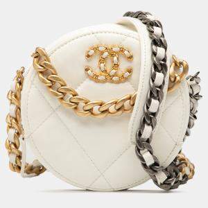 Pre Owned Chanel White Lambskin 19 Round Clutch with Chain