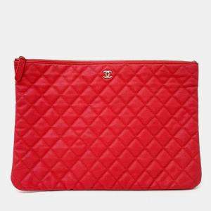 Pre Owned Chanel Red Caviar Clutch Large